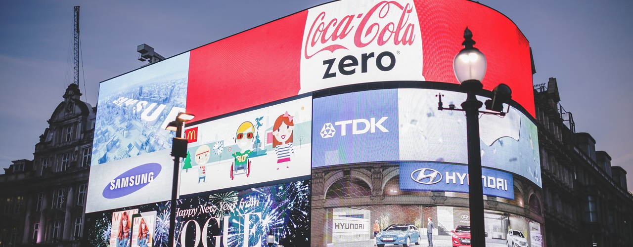 Brands on the digital billboard at Picadilly Circus